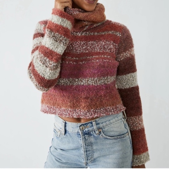Free People My Girl Turtleneck Cropped Striped Sweater Sunburst - Picture 1 of 7